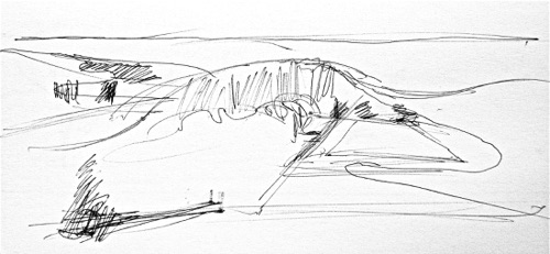 View of Valdichiana drawing, 3 1/2" x 7 3/4", ink on paper, 2011.